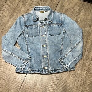 Caslon Denim Jacket Women's Petite Casual Button Front Faded Medium Washed Sz S